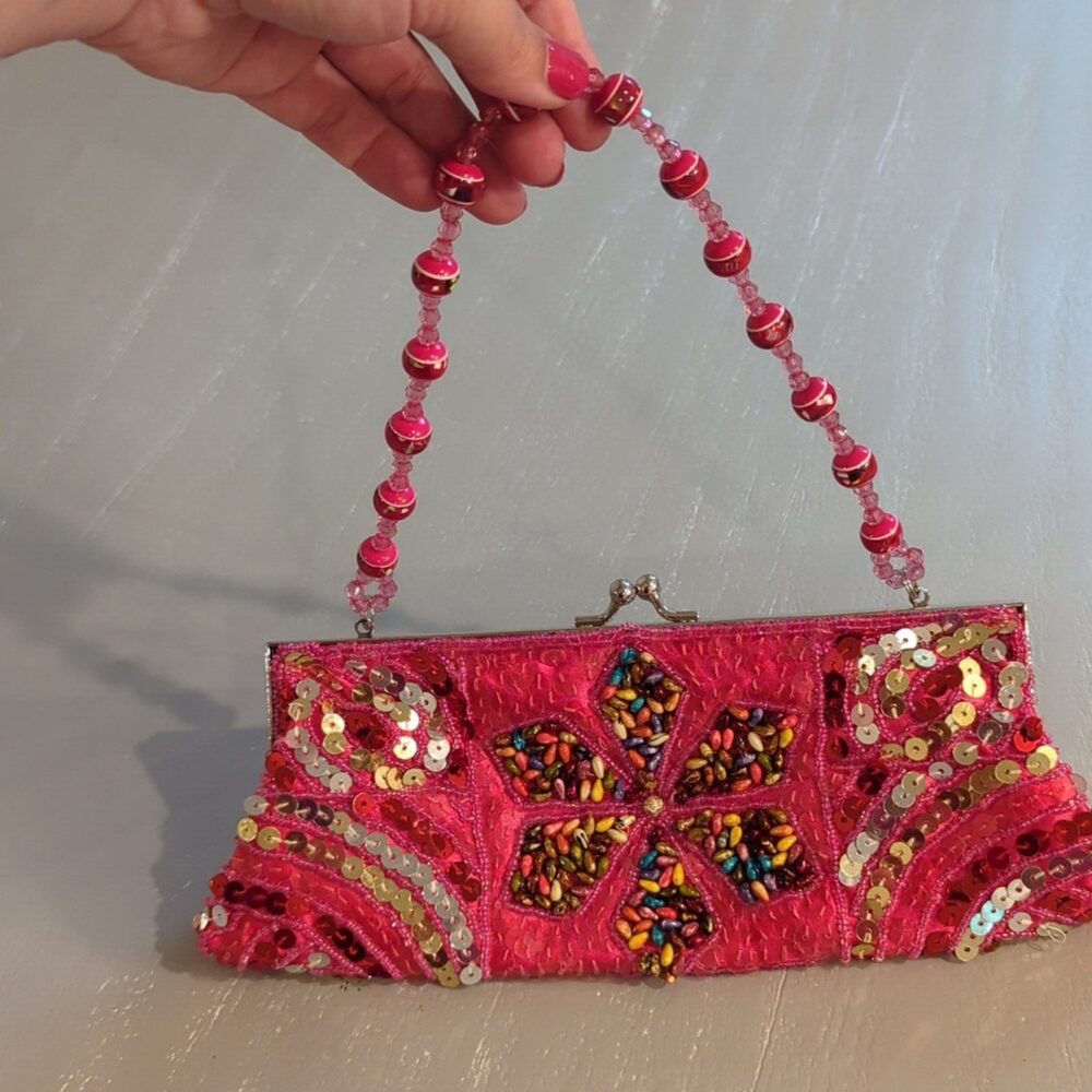 Pink Sequin Beaded Handbag Clutch 10 in Floral Design
